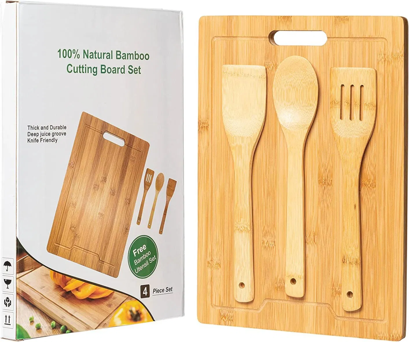 Набор разделочных досок и ножей из бамбука, 4 в 1
