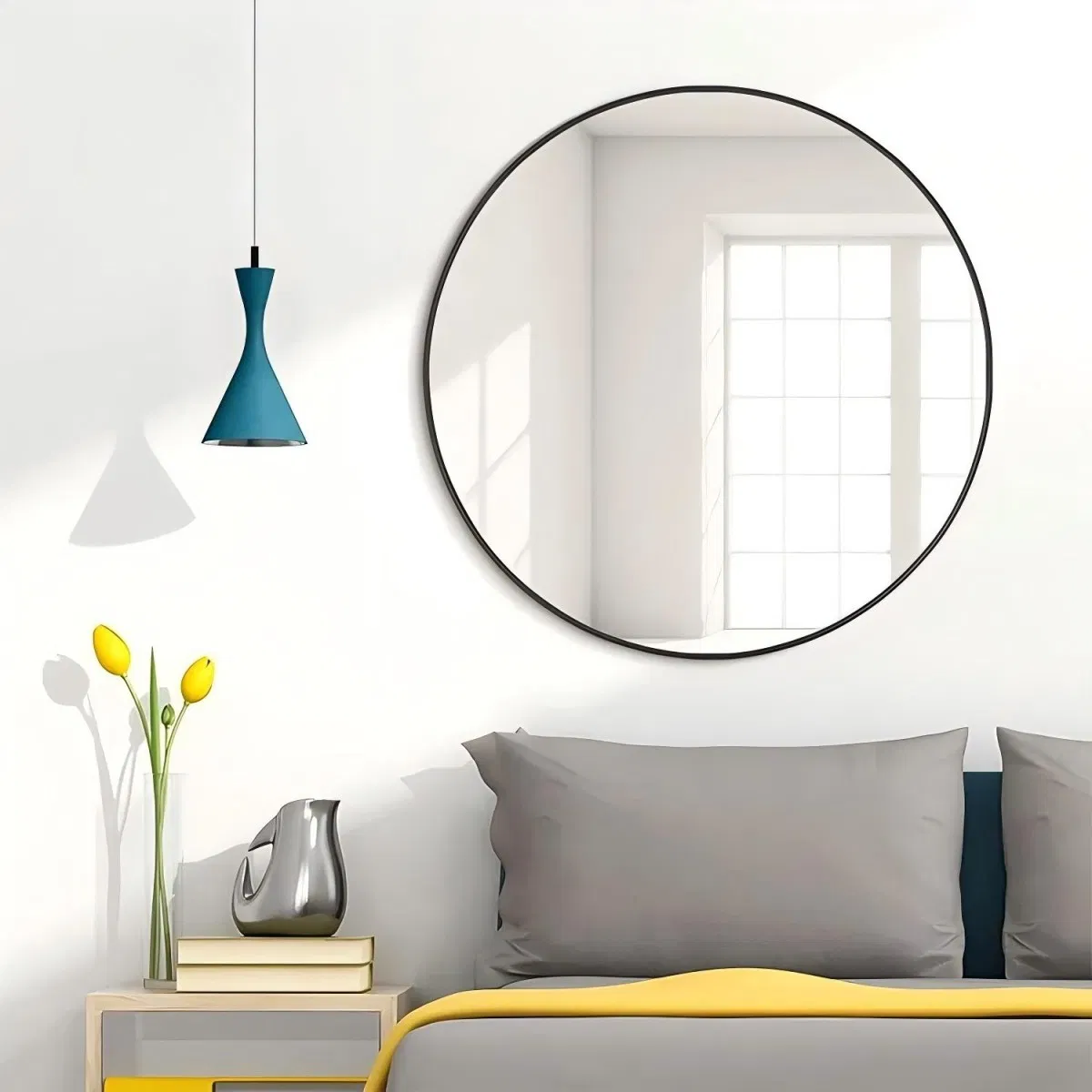 Modern Framed Round Wall-Mount Mirror Home Decor Mirror for Bathroom Living Rooms