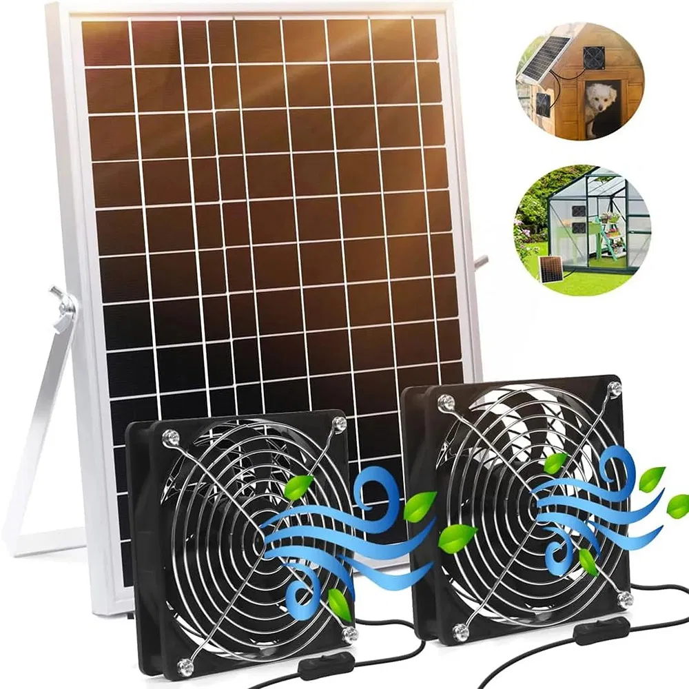 15W Solar Panel Dual Fan Waterproof Solar Exhaust Intake Fan Kit Camping Car Greenhouse Chicken Coop