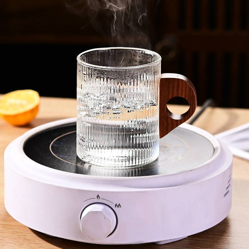 Vertical Striped Handle Glass Cup, Heat-Resistant & Explosion-Proof + Solid Wood Handle, for Iced Americano/Soda Water Glass Cup