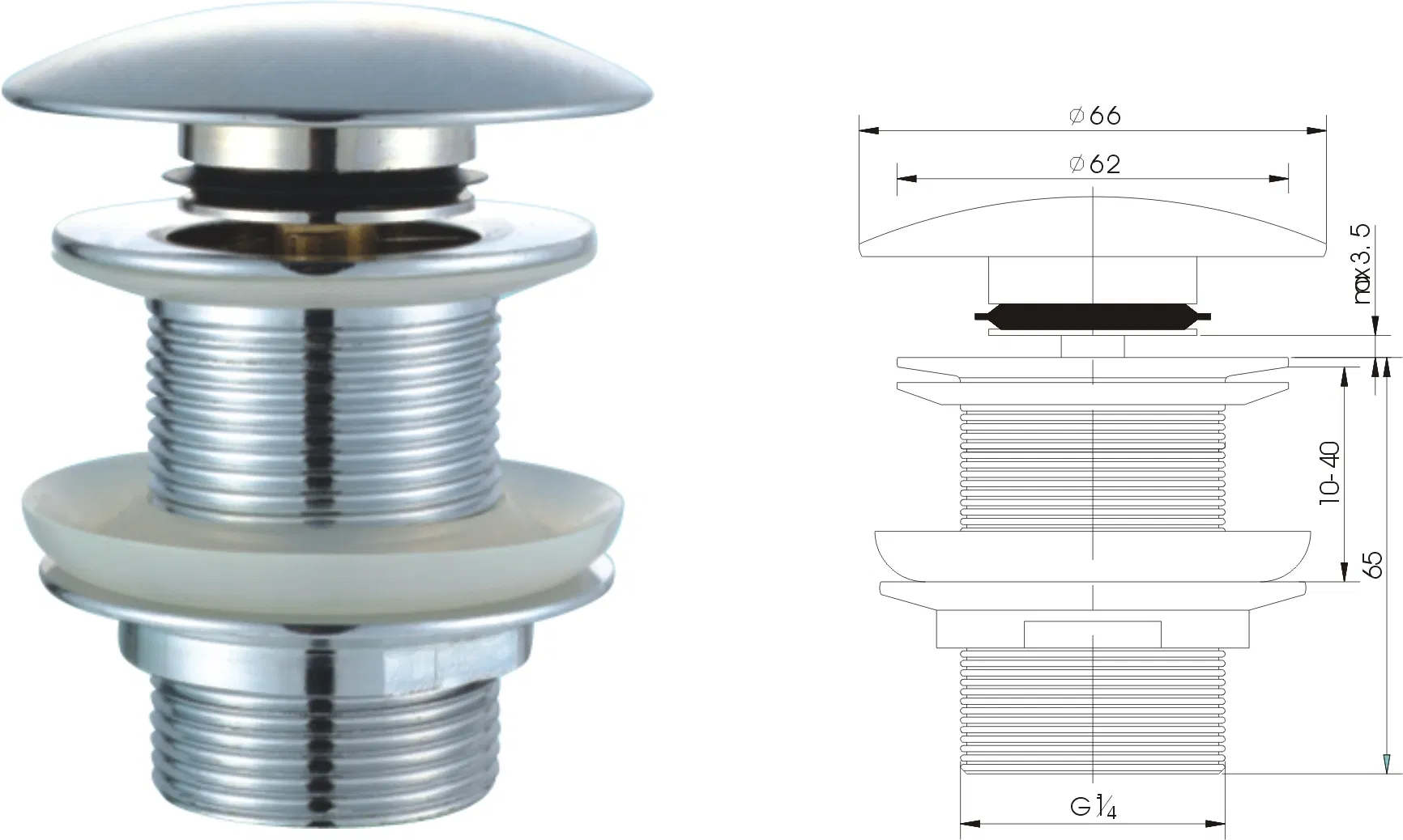 Push Button Click Clack Basin Waste with Matt White Ceramic Cover and Overflow