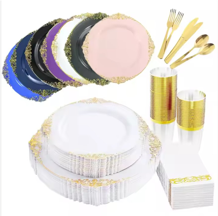 Factory Direct Acrylic Charger Plates Wholesale Clear Charger Plates with Gold Rim Plastic Clear Charger Plates with Gold Rim