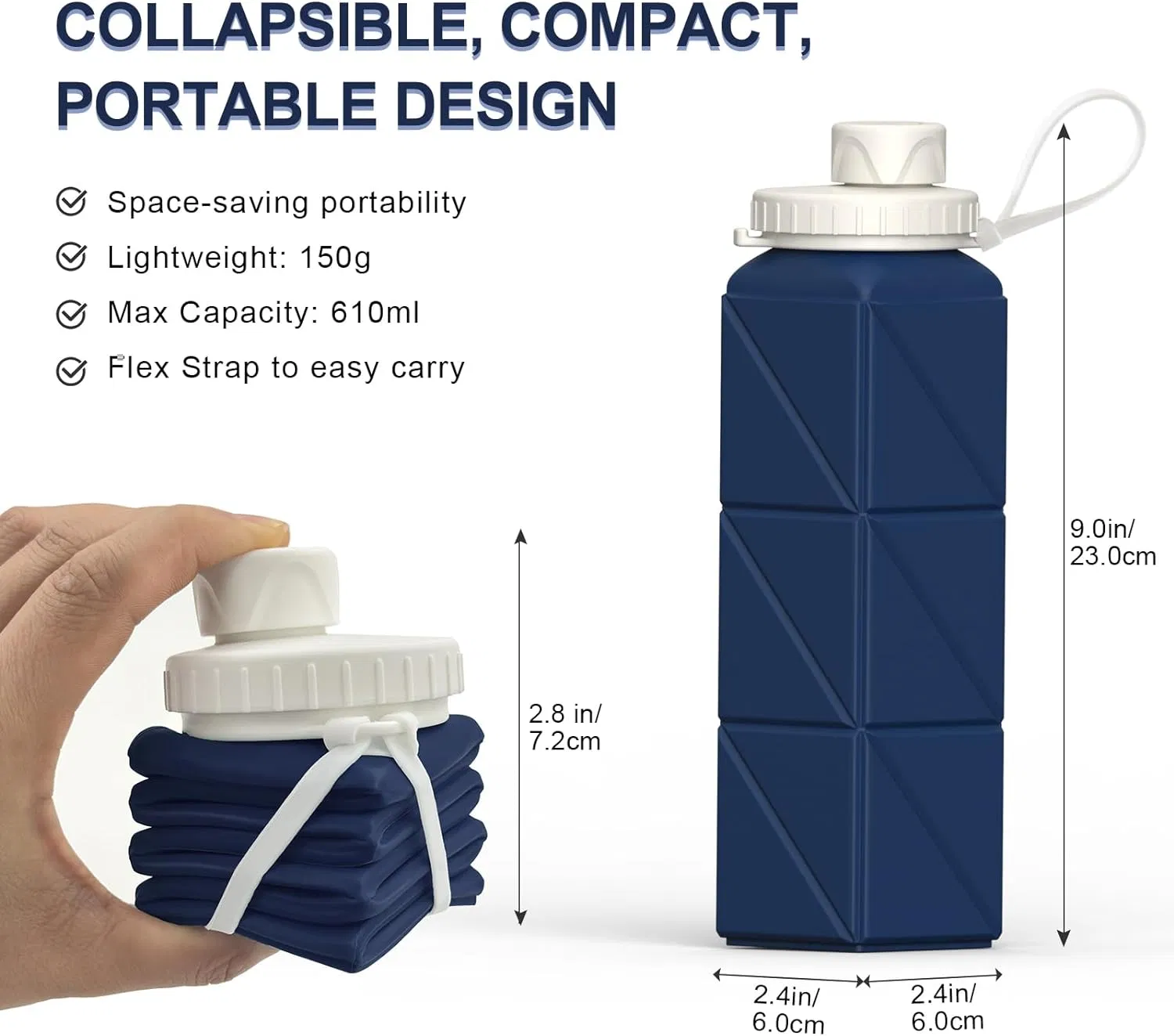 Collapsible Silicone Foldable Portable Water Bottle, 610ml, Lightweight Reusable Leakproof for Travel, Camping, Hiking, Cycling, Yoga, Sports, Outdoors