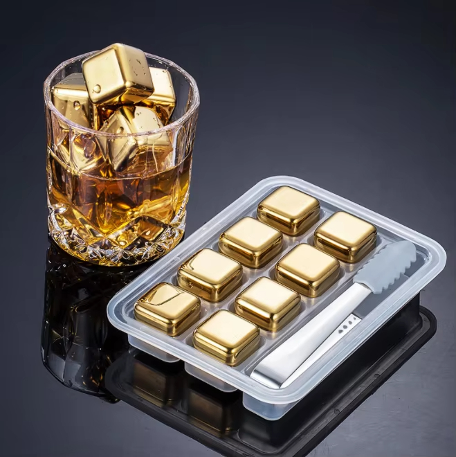 Hot Sale Chilling Reusable Metal Ice Cubes 304 Stainless Steel Whisky Wine Stones with Freezer Storage Tray Sleek Metal Cube Ice