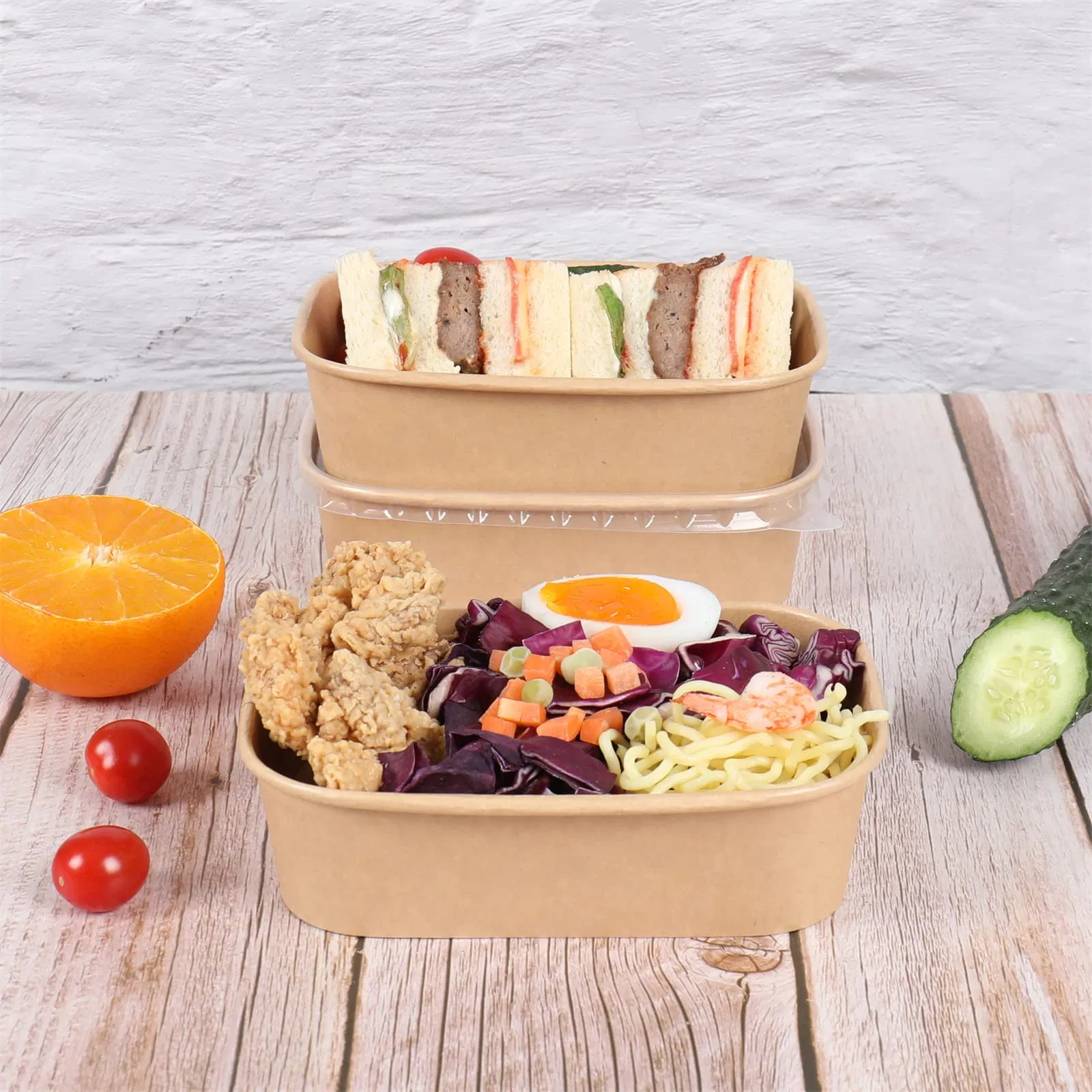 Factory Supply Disposable Kraft Paper Round Bowl 500ml~1450ml Material Food Packaging Salad Bowls with Lid