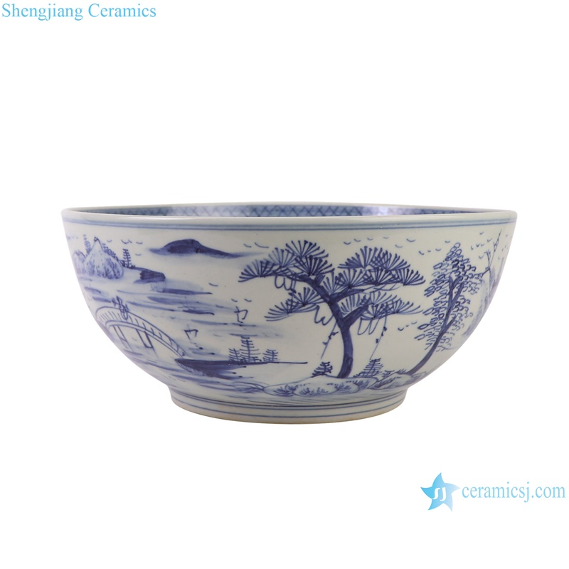Jingdezhen Handpainted Chinese Landscape Pattern Ceramic Planter Flower Pots Blue and White Porcelain Bowl