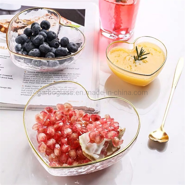 550ml Heart Shape Clear Crystal Glass Fruit Salad Sugar Bowl with Gold Rim for Wedding Decoration