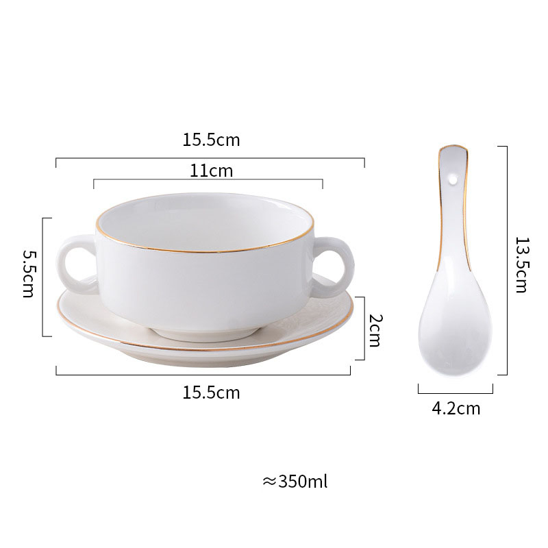 Ceramic Double Ear Soup Bowl with Dish Saucer Dinnerweare Set