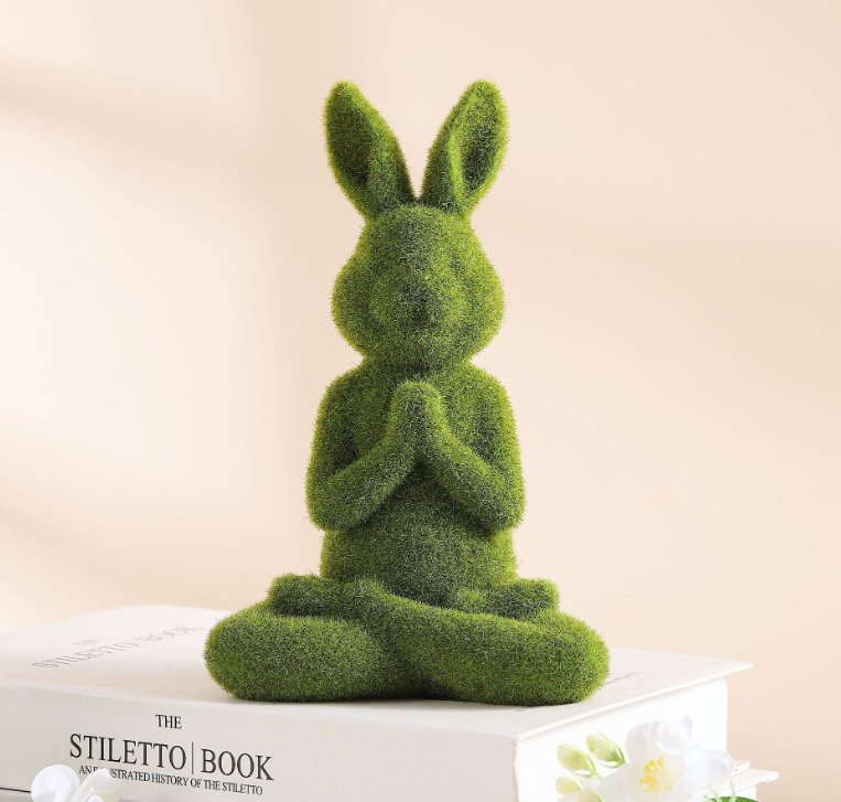 Resin Crafts Easter Bunny Decor Moss Bunny Figurine Flocked Yoga Rabbit Decor for Desktop