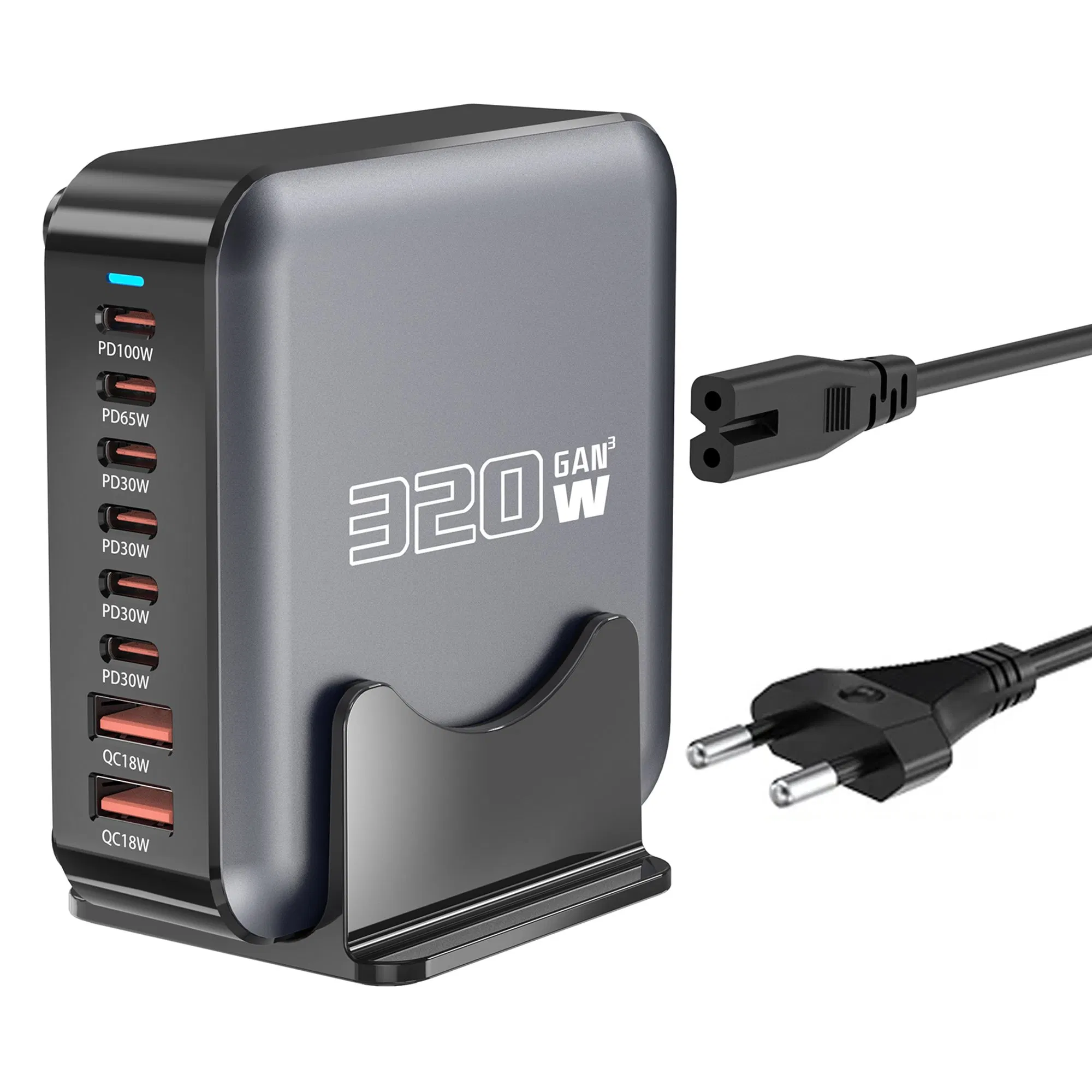 EU Au UK Us Plug 320W GaN 8 Port Output Fast Charging Station Desktop Charger for Phones Tablets Drones