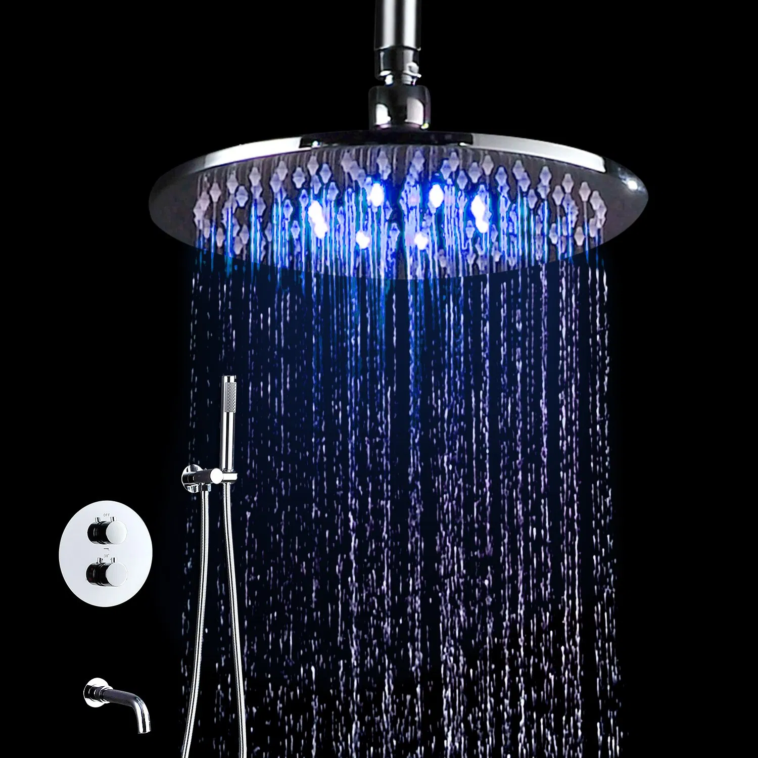 10" Round Big Rainfall Thermostatic Faucet Brass Conceal LED Shower Set
