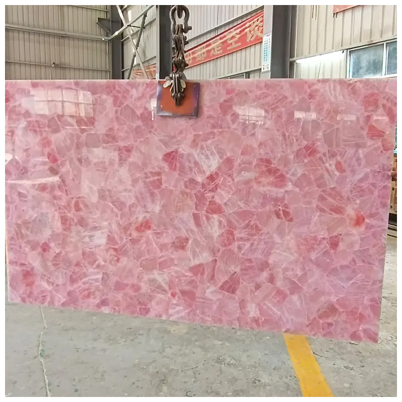 Semi Precious Rose Pink Crystal Quartz Slabs for Countertops and Wall Tiles