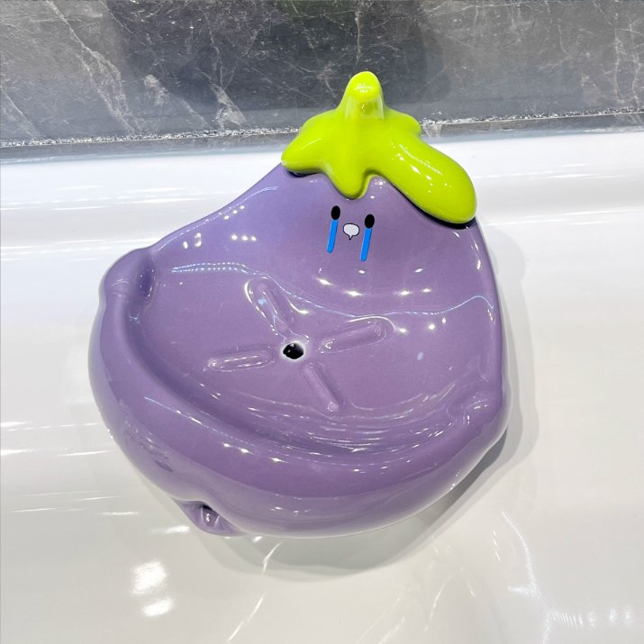 Eggplant Ceramic Soap Dish Drainable Soap Holder for Bathroom Sink,