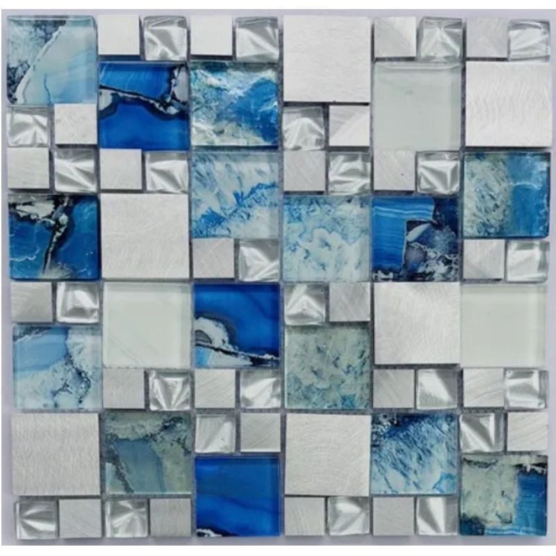 Blue Colour Glass Mosaic Laminated with Stainless Steel Mosaic Tiles for Decoration