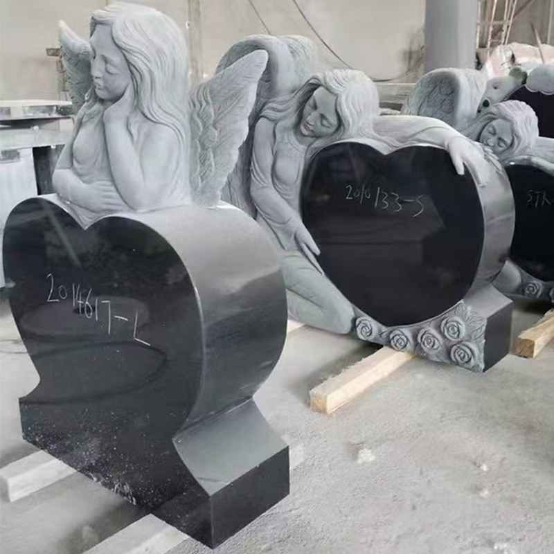 Hard Carved Shanxi Black Angel Heart Shaped Monument Upright Monument Headstone