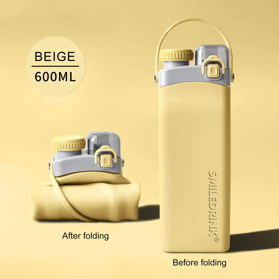 2023 Silicone Collapsible Fordable Travel Drink Squeeze Gym Kid Water Bottle with Straw