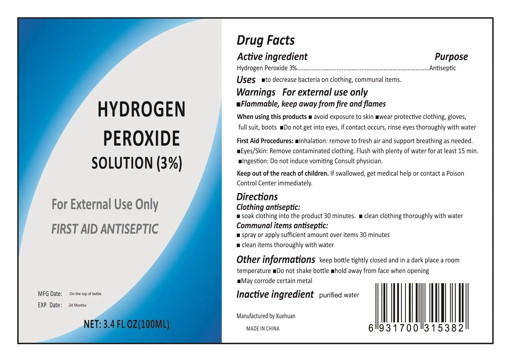 100ml 3% Hydrogen Peroxide Solution for First Aid Kit Skin Wound Disinfectant