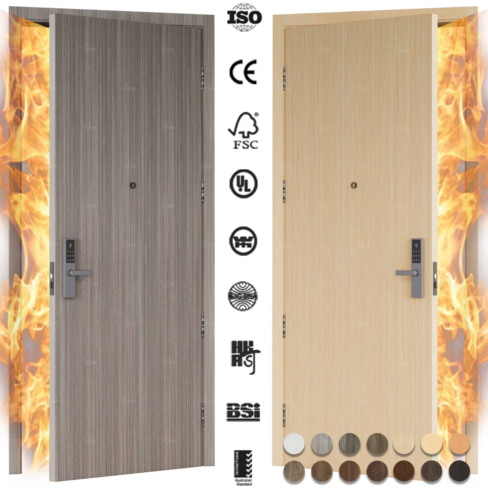 En16034 CE Certified 30 60 90 Minutes HPL Fire Resistance Wood Laminate Door Timber Composite Fire Door for Hotel Guest Room