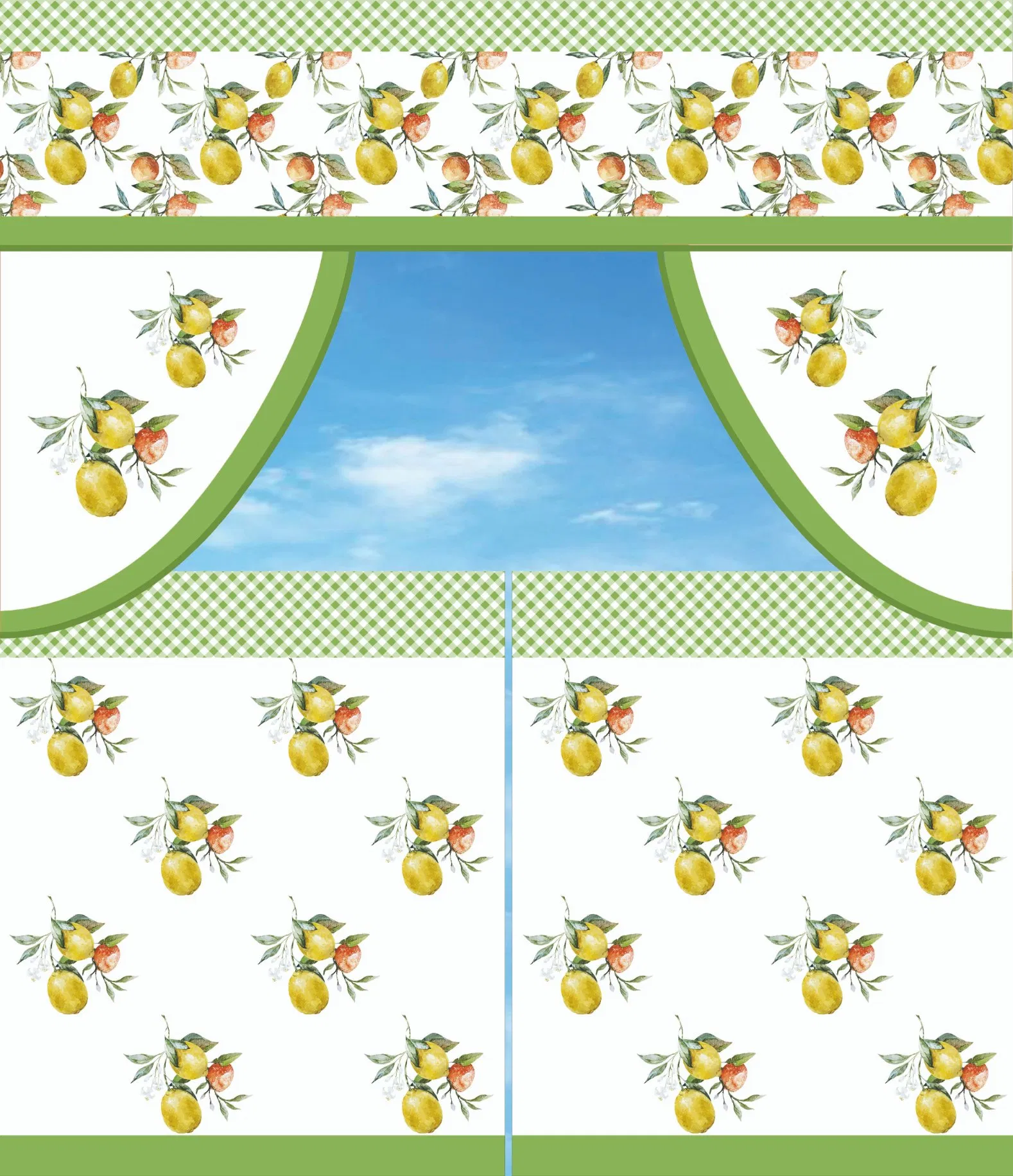 Lemon and Plaid Digital Printing Kitchen Curtain