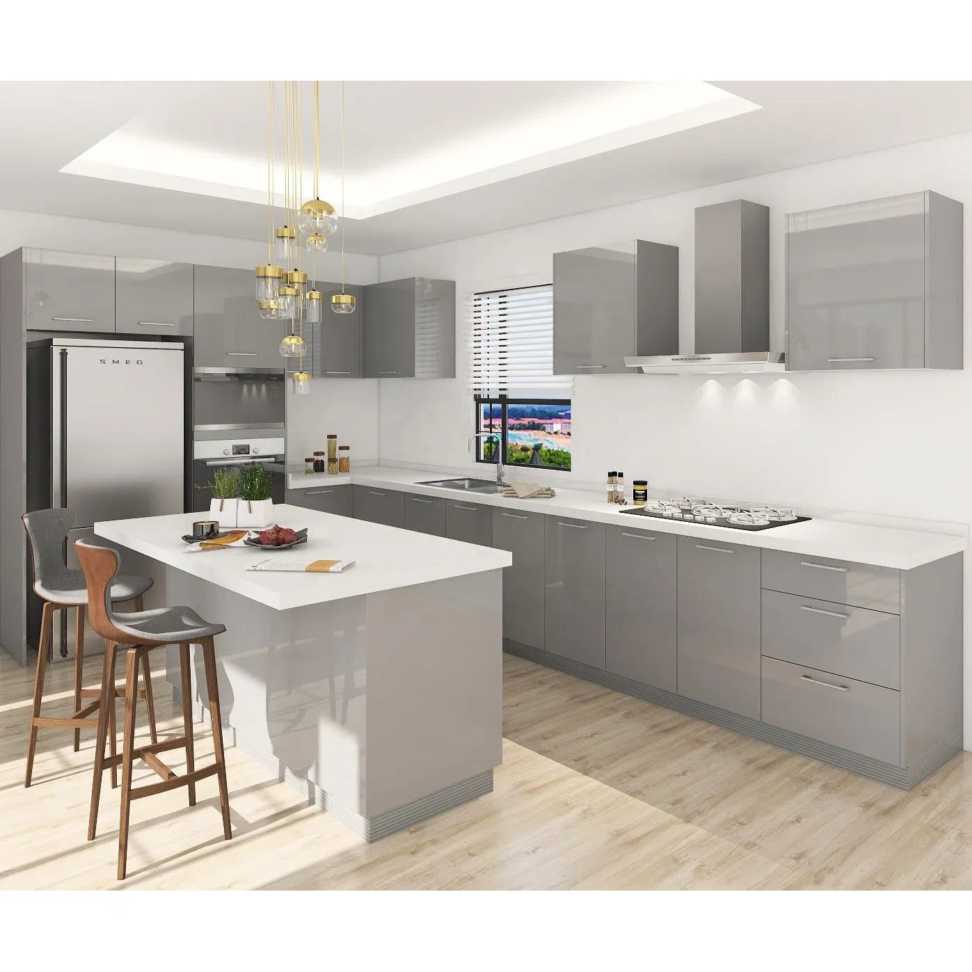 Apartment Ready to Assemble Modern Gray Lacquer High Gloss Kitchen Cabinet