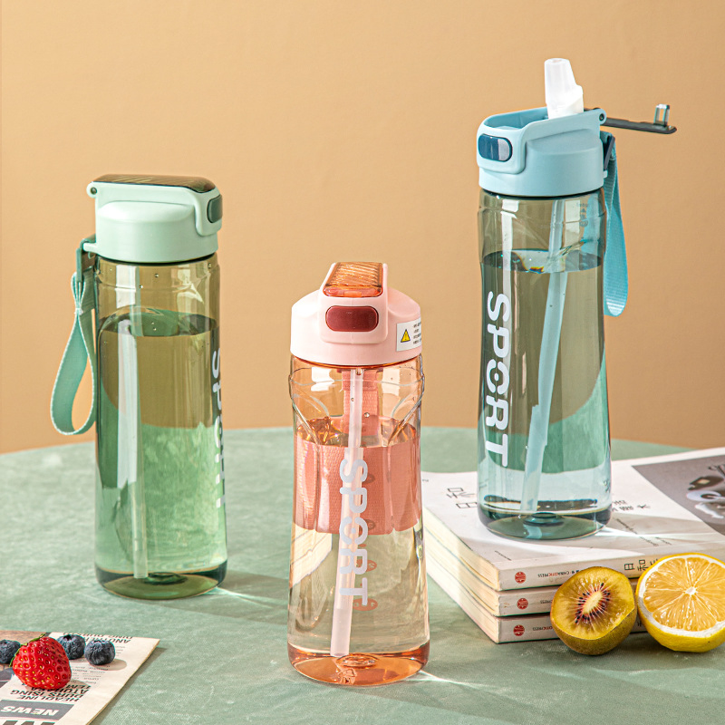 Large-Capacity Transparent Plastic Cup Portable Sports Water Bottle with Rope Straw