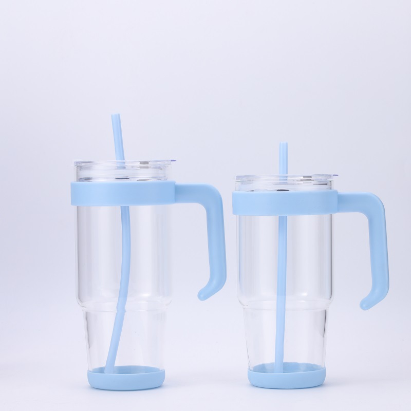 Термокружка стеклянная 1200 мл с ручкой и трубочкой