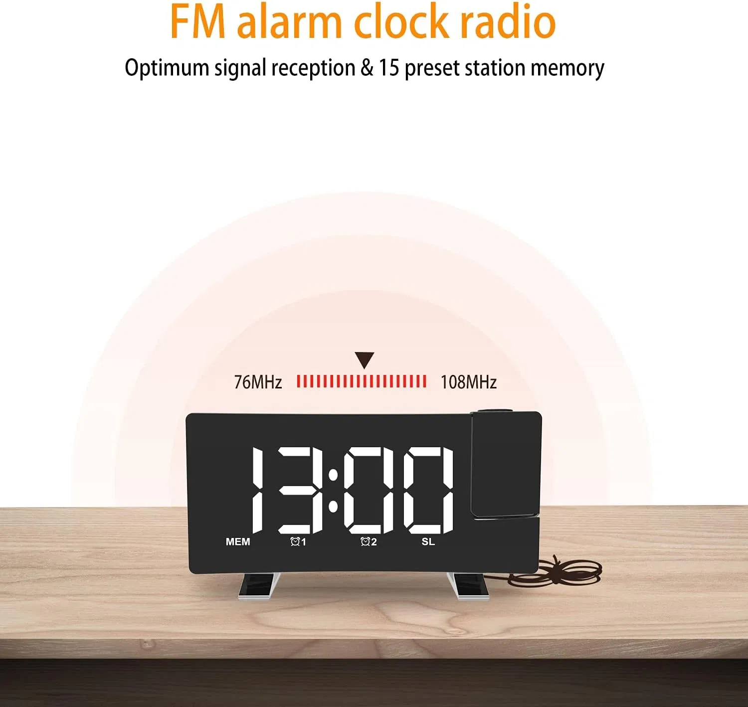 Electric Alarm Digital LED Screen Projection Clock FM Radio with Dual Alarm, 8 Inch Curved Screen LED Digital Clock Large Display