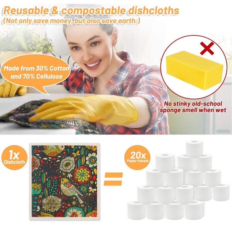 High Quality Swedish Kitchen Dishcloths Abstract Floral Absorbent Sponge Towel 4 PCS