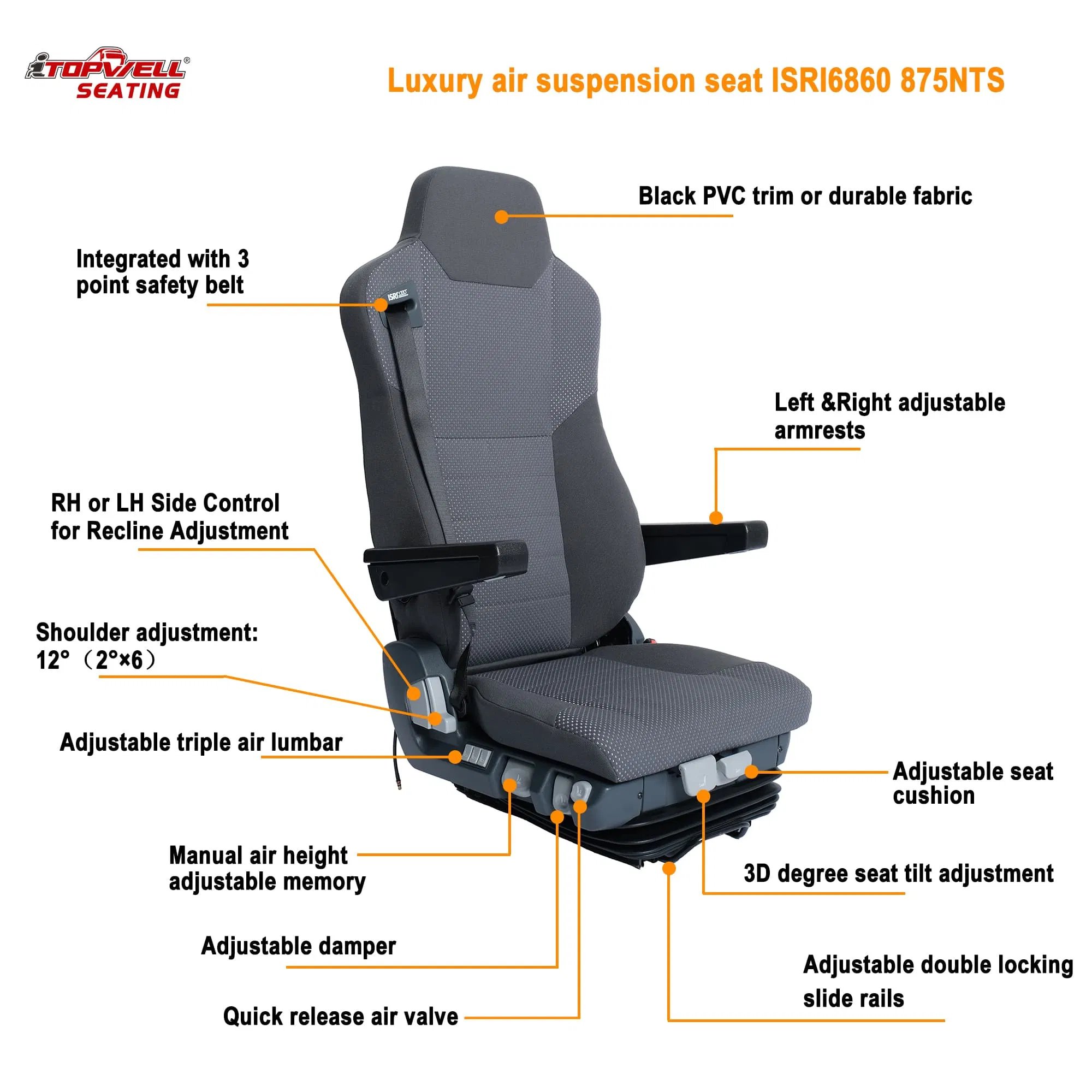 Premium ISRI 6860/875NTS Pneumatic Driver Seat with Rust-Resistant Fabric