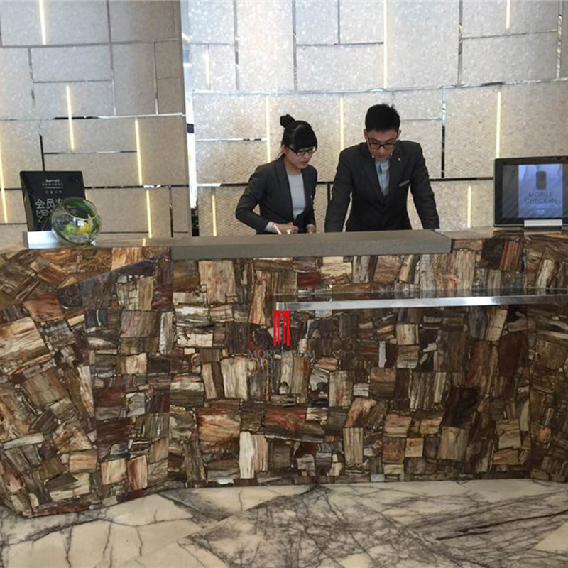 Semi Precious Stone Natural Marble Fossil Wood Stone Reception Desk