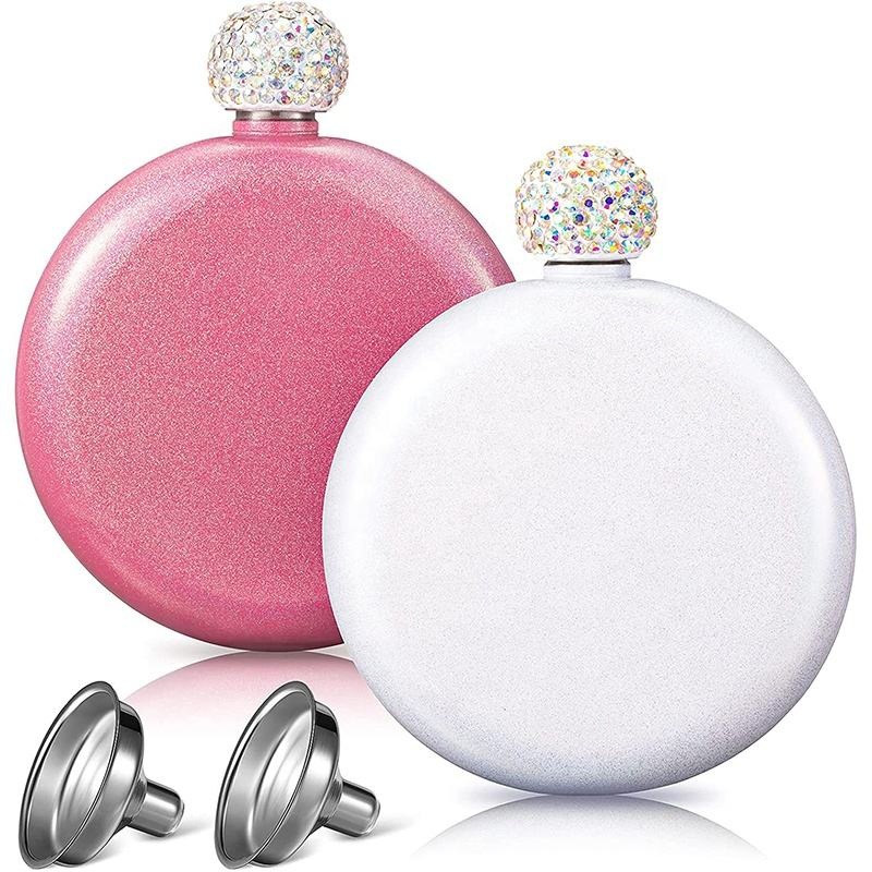 Wholesale 5oz Round Shape Crystal Lid Stainless Steel Round Hip Flask Alcohol Whisky Flask