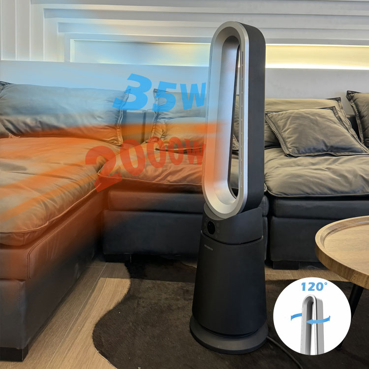 Retardant Material Overheat Protection Hot Cold Bladeless Tower Fan Smart Stand Fan Heater 2000W for Home