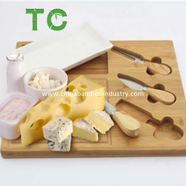 Wholesale Bamboo Cheese Board Set /Charcuterie Platter Serving Board With3 Stainless Steel Tools, 1 Ceramic Tray