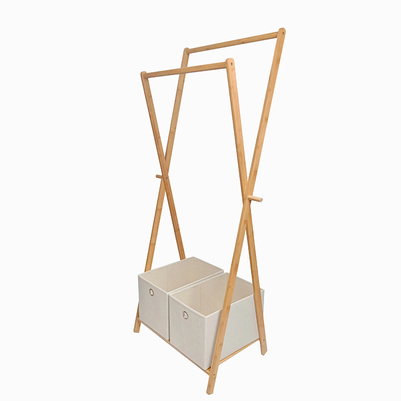 Bamboo Garment Hanging Shelf Portable Clothes Hanger Organizer Rack with Storage Bag