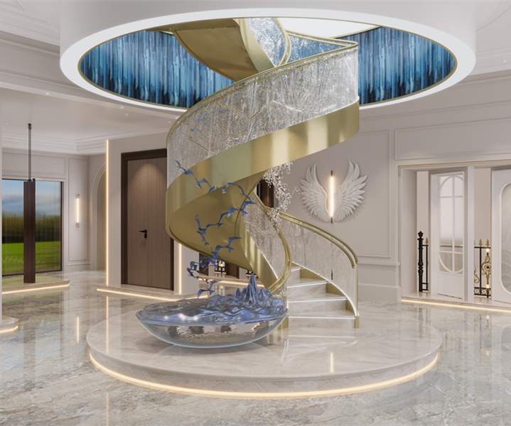 USA Modern Villa Customized Interior Curved Stairs Durable Wood Steel Glass-Marble/Wooden Stairs for Apartments Steel Spiral Staircase with LED Light
