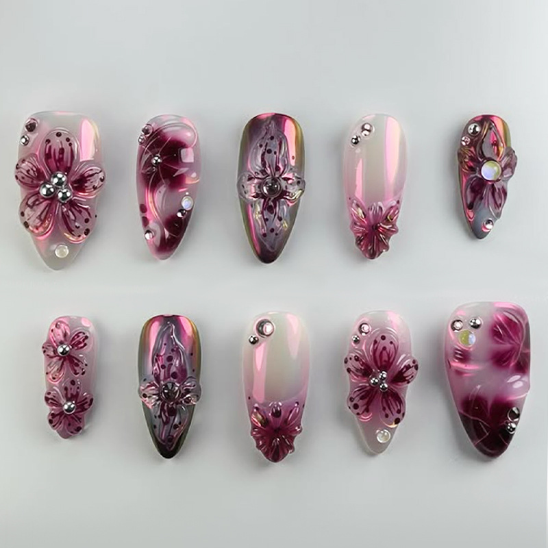 Foreign Trade 30 Pieces Three-Dimensional Blush Ice Flower Bubble Butterfly Starlight Ins Wind Wearable Nail 24 Pieces Press on Nail
