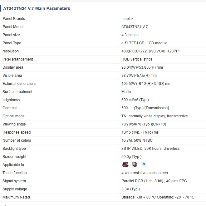 Дисплейный модуль AT043TN24 V.7 4.3" TFT LCD для авто