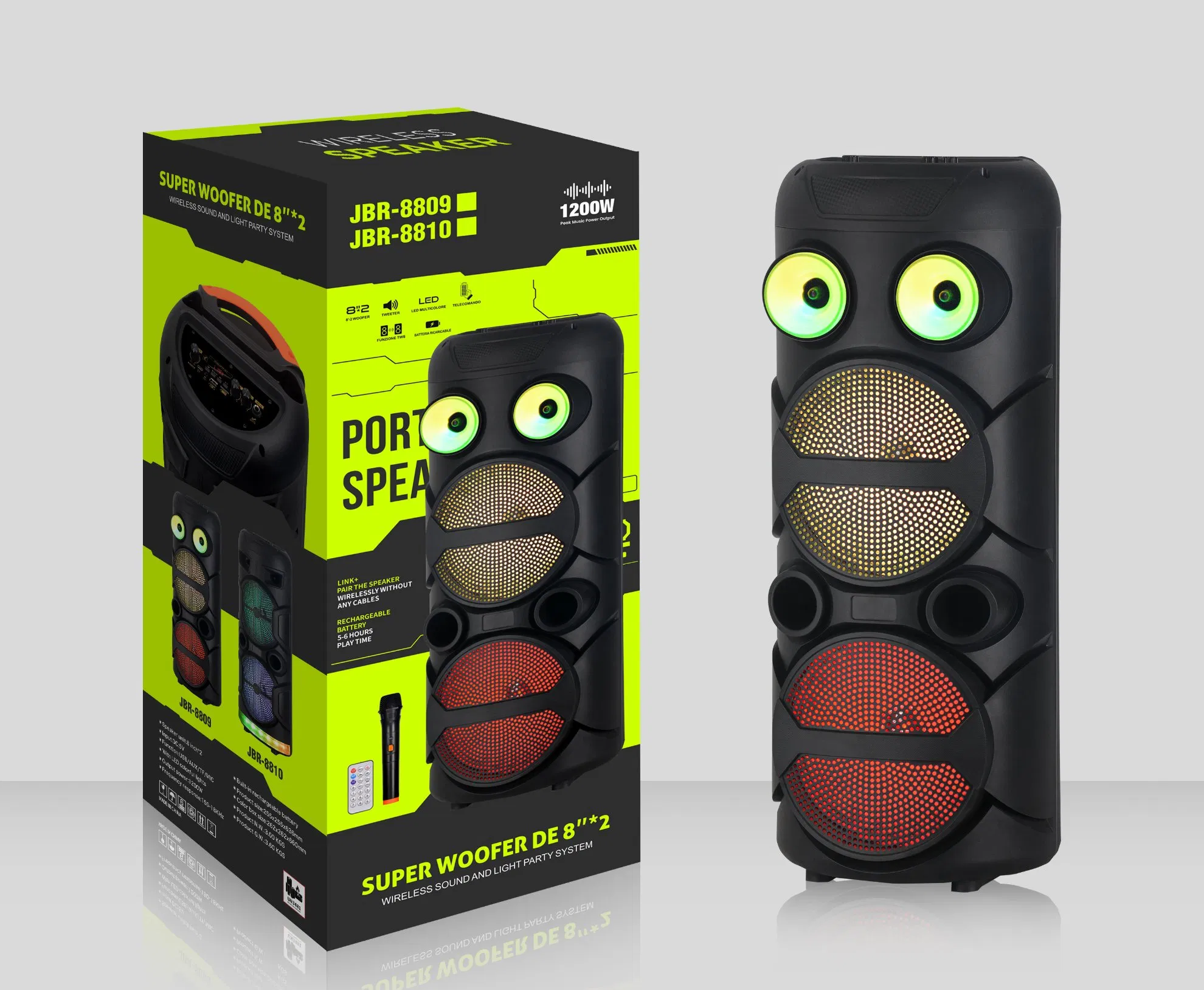 Double 8 Inch Rechargeable Portable Bluetooth Active Speaker Trolley Colorful LED Lights