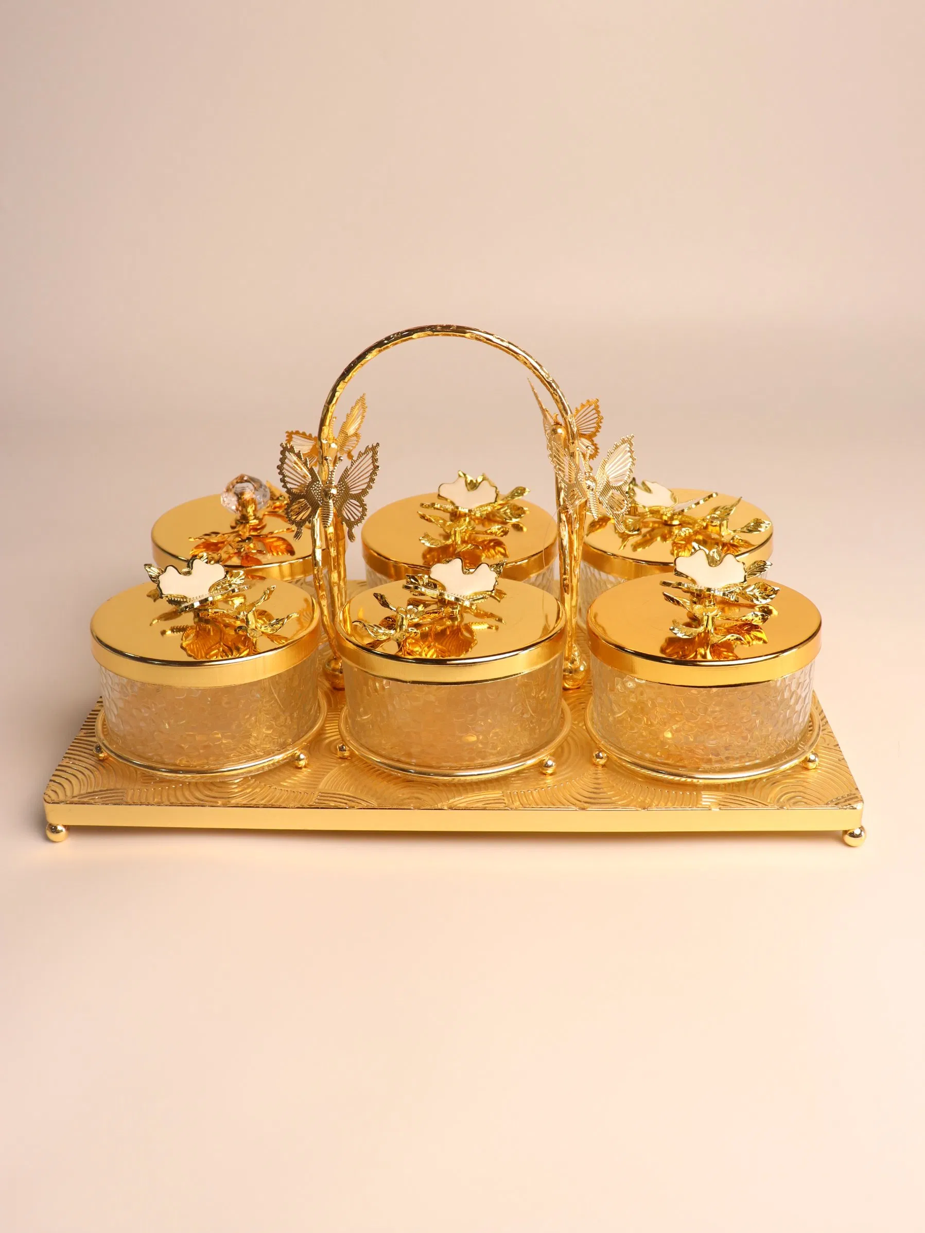 Elegant Butterfly Pattern Set of 6 Fruit Bowls, Gold-Plated Iron Frame