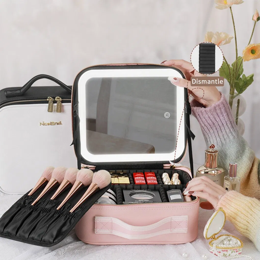 3 In1 PU Leather Portable Travel Makeup Bag Case Make up Bag with LED Light Mirror with Handle