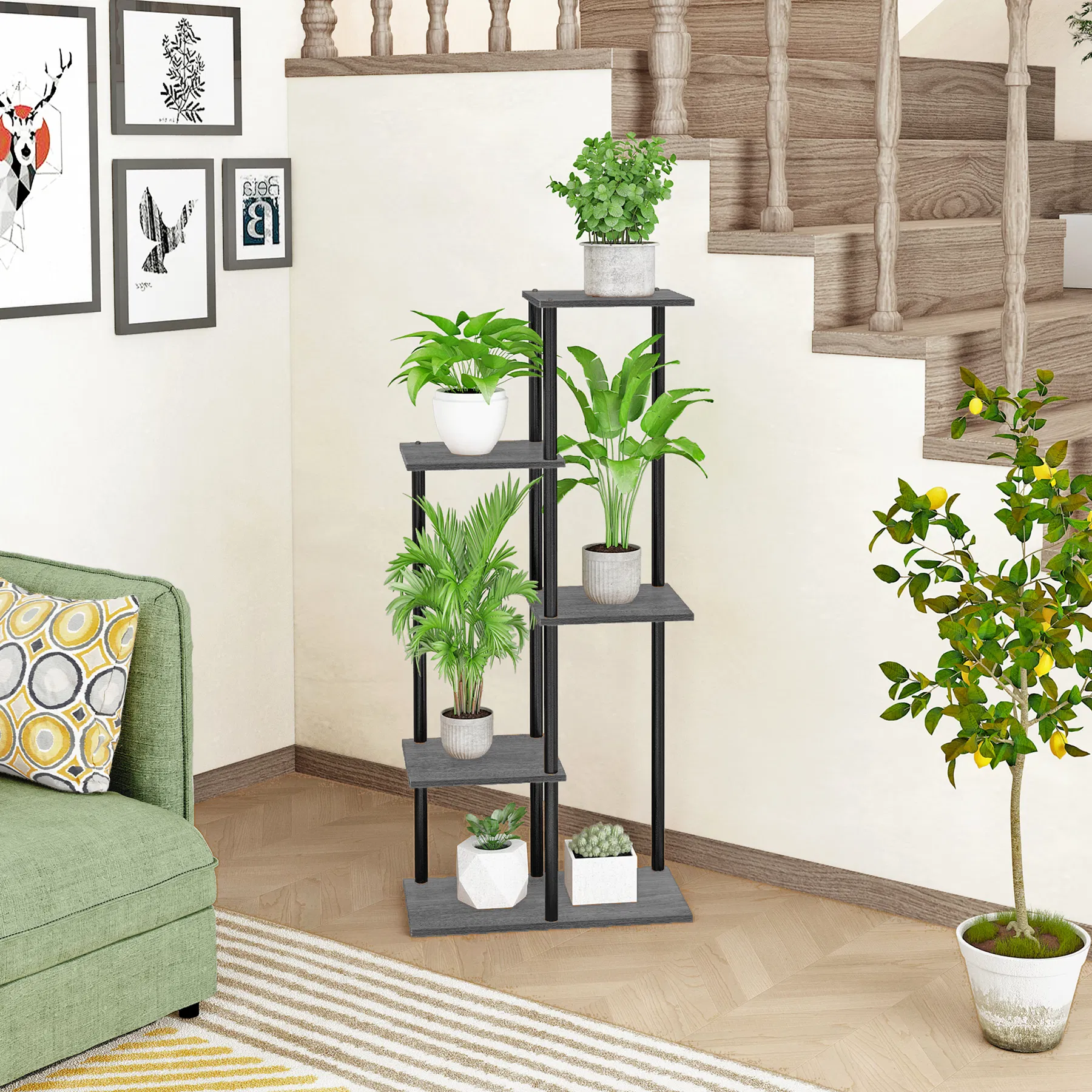 Elegant 5 Tier Indoor Corner Plant Shelf in Oak Grey