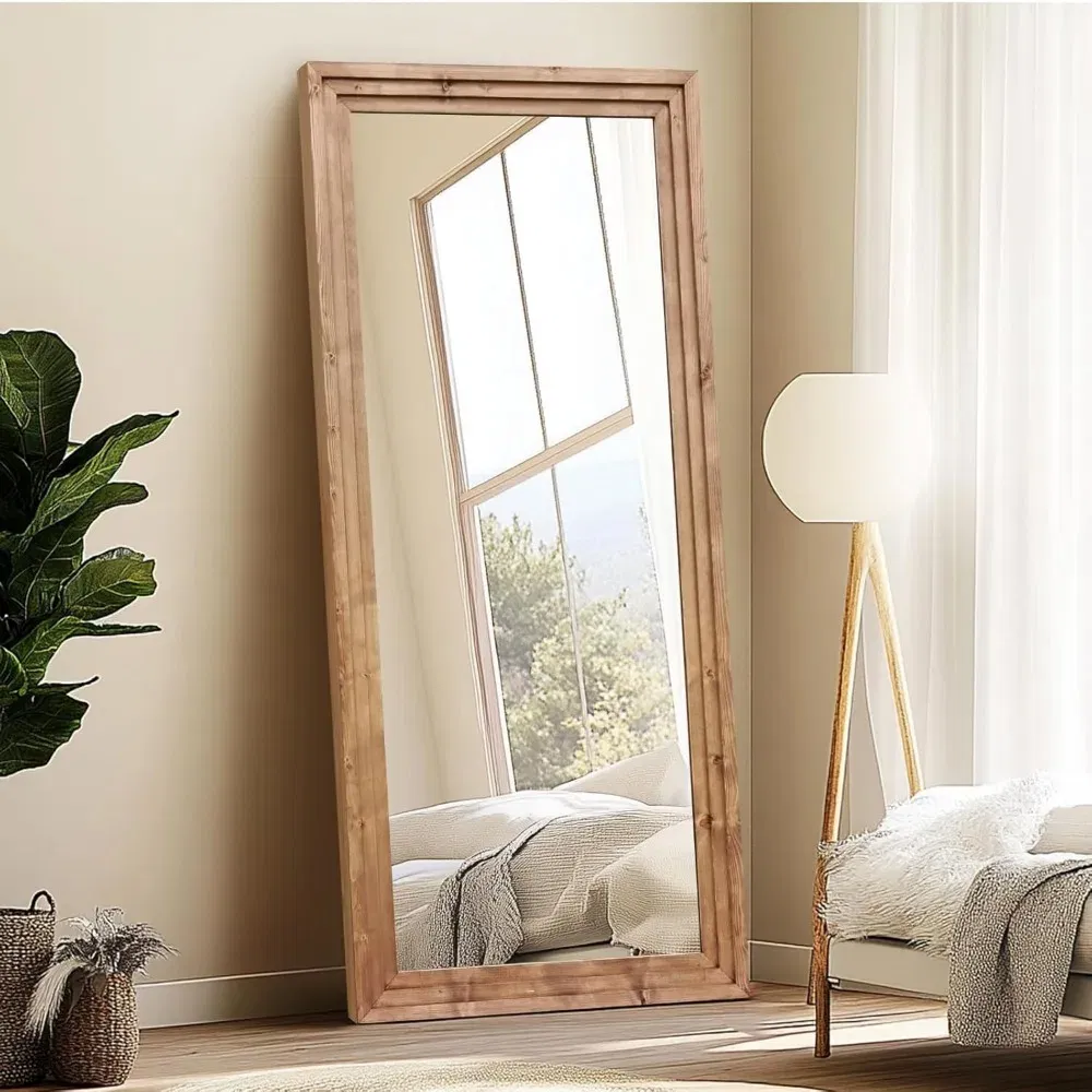 120*60 Cm Solid Wood Frame Floor Large Mirror for Living Room, Bedroom Hanging or Leaning Wall-Mounted, Light Brown
