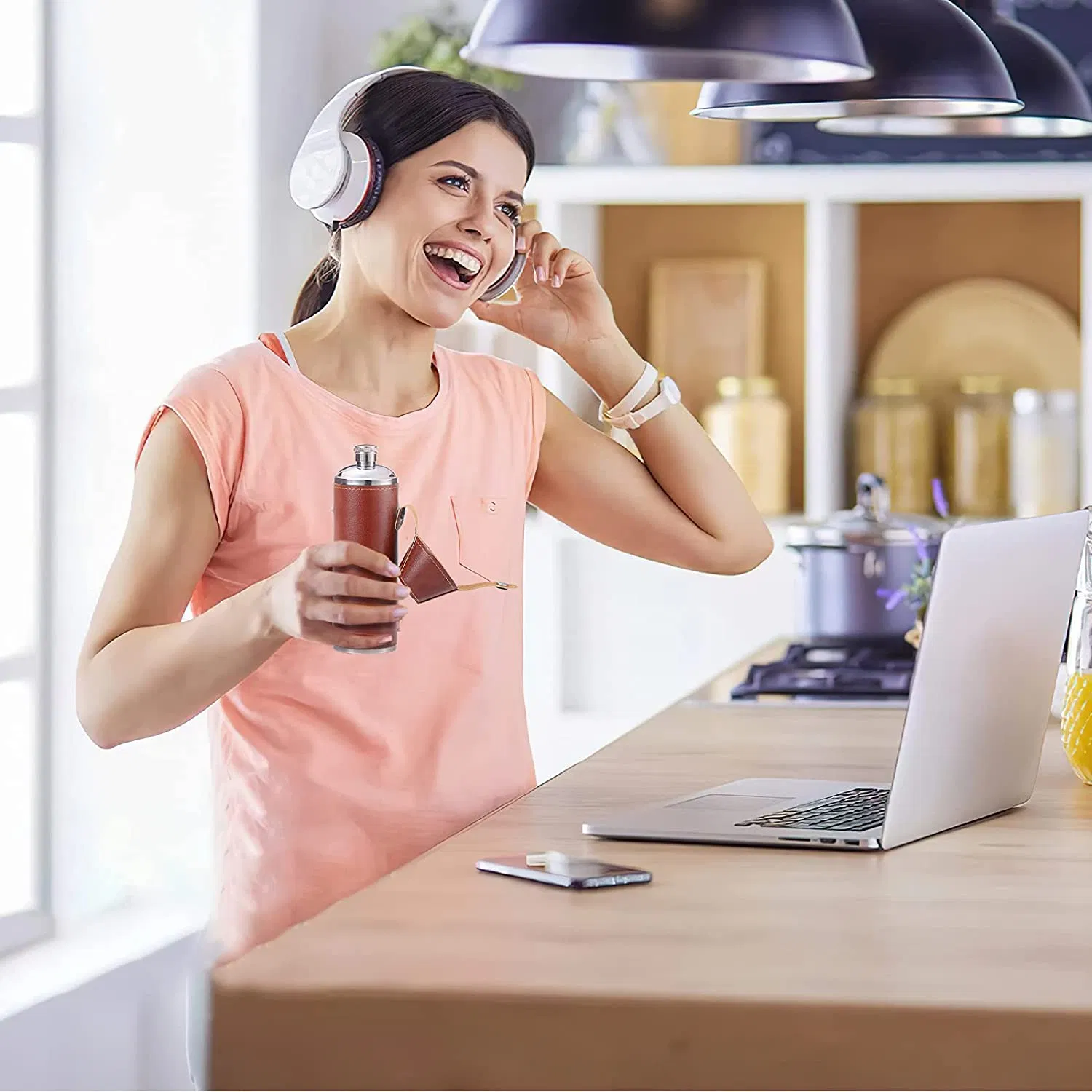 10 Oz Brown PU Leather Bucket Stainless Steel Leak Proof Hip Flask for Aberfeldy with Funnel and Cups