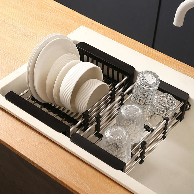 Adjustable Kitchen Organizer Retractable Stainless Steel Sink Strainer Drain Basket Telescopic Over Sink Dish Drying Rack