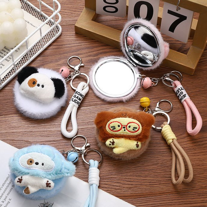 Animal Pattern Grey Bear Portable Pocket Mirror Double Sides Fluffy Cute Mini Cosmetic Mirrors