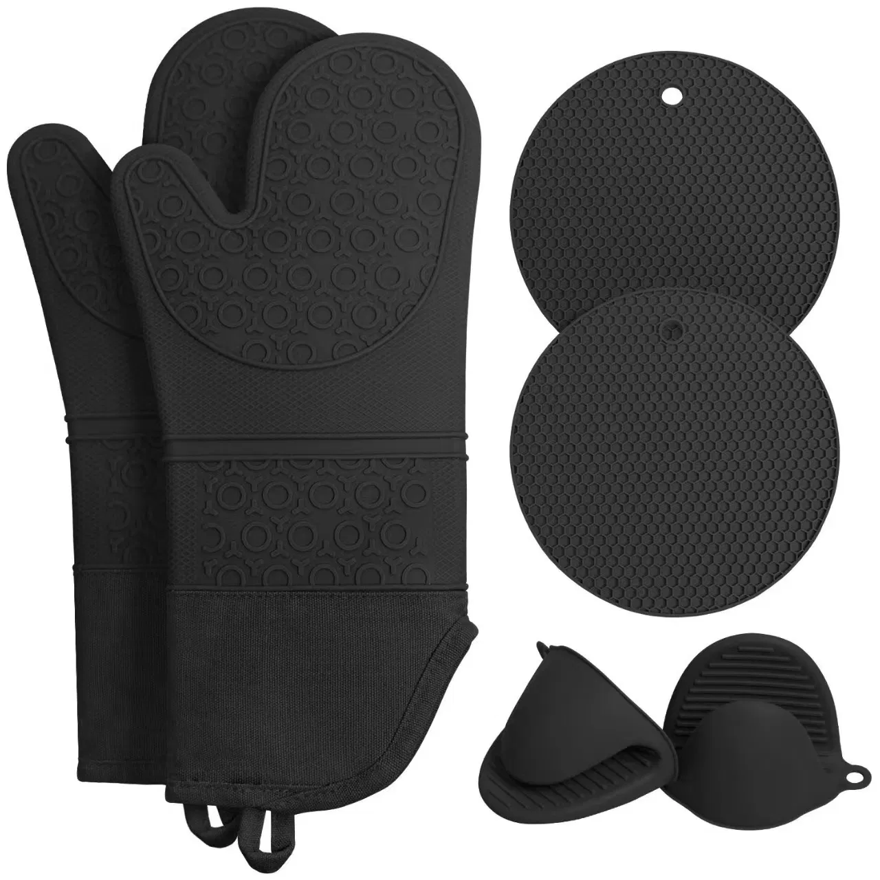Silicone Oven Mitts and Pot Holders, 6-Piece Set, Heavy Duty Cooking Gloves