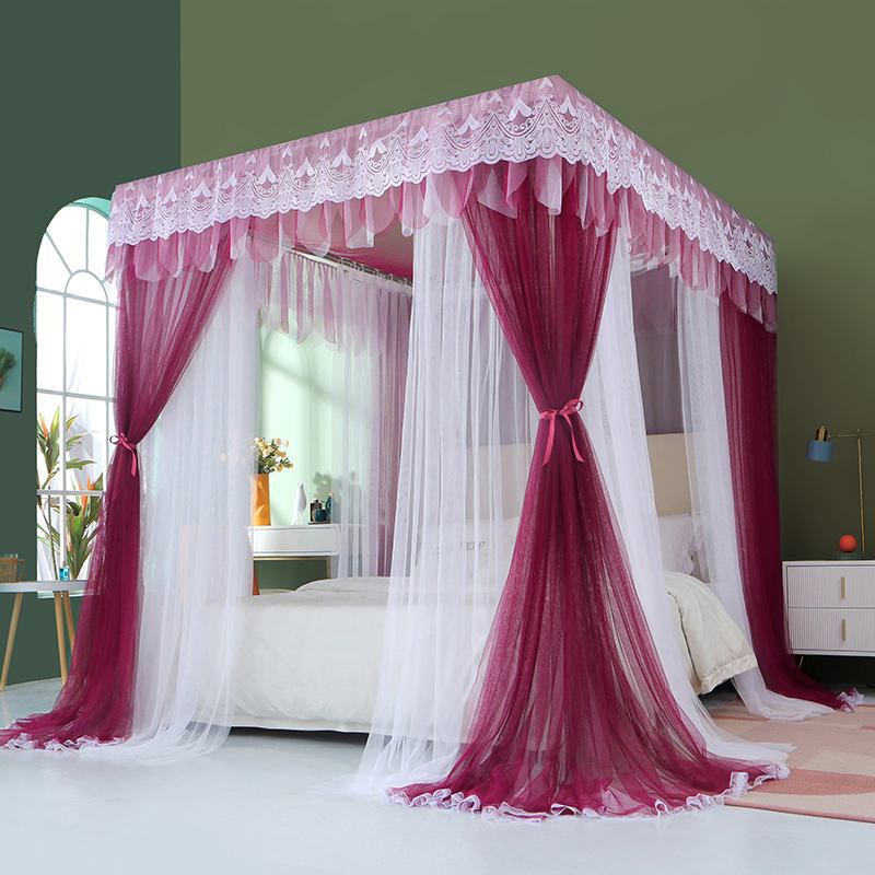Home Use Double Layer Mosquito Net Luxury Embroidered Double Rod Thickened Light Blocking Triple Opening Bed Canopy