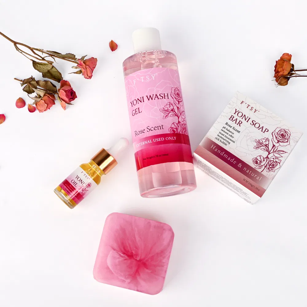 Private Label Brightening Yoni Care Set Rose Gel Wash Rose Oil Rose Soap pH Balance Yoni Skincare Kit