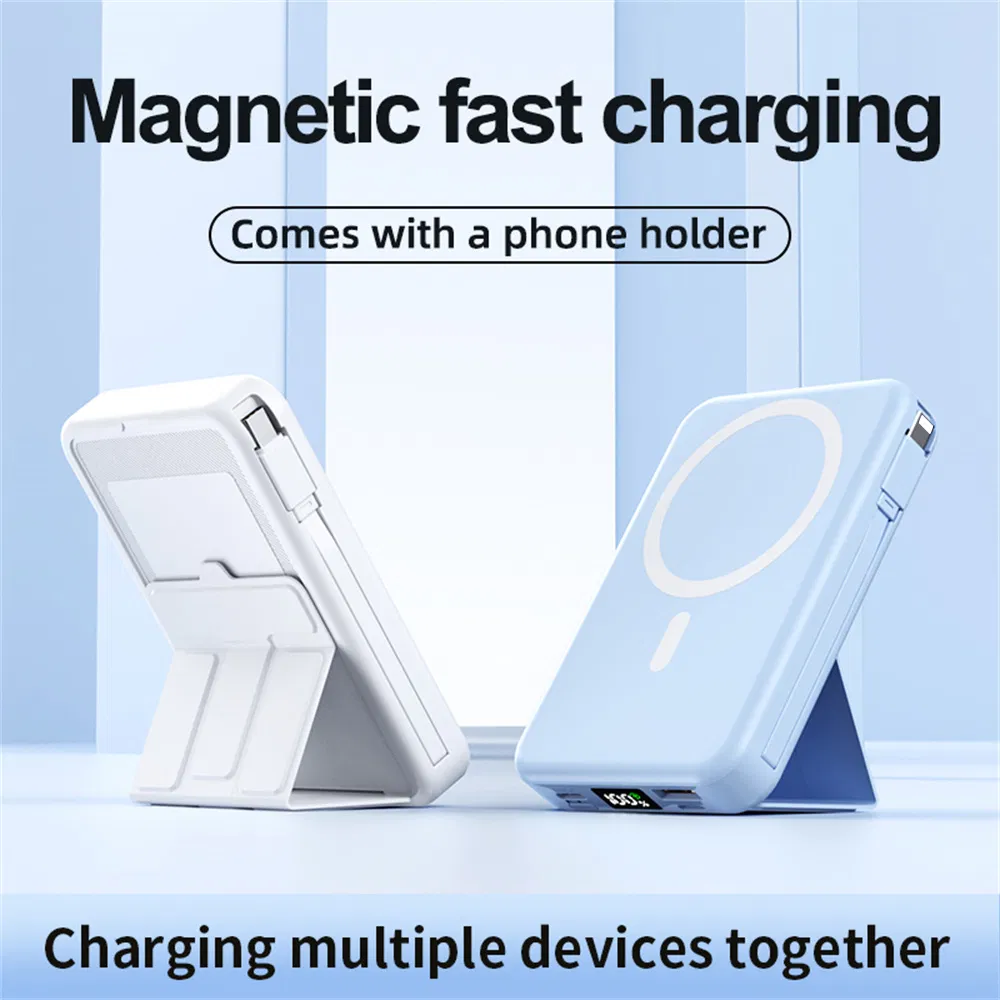 Zkd-01 10000mAh Portable Charger 15W Magsafe Magnetic Wireless Power Bank Built in IP + Type C Cables and Stand