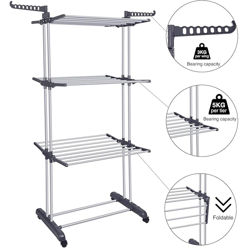 24 Drying Poles Oversized 4 Tier Movable Foldable Garment Laundry Towel Clothing Drying Rack with Castors